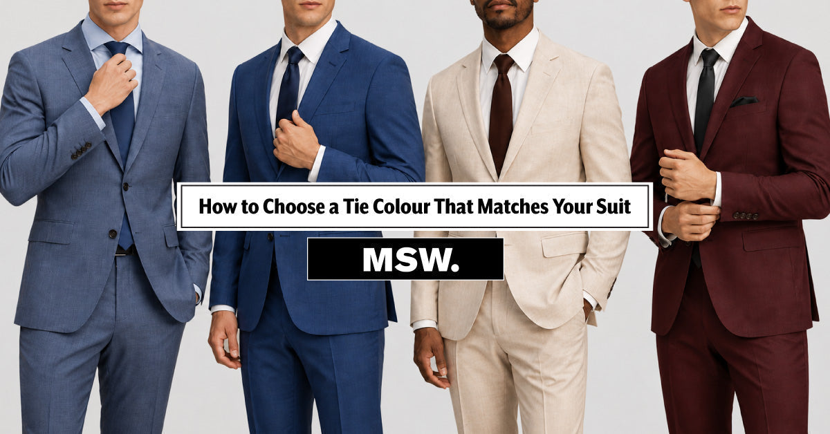 Four men in colour-matching suits and ties