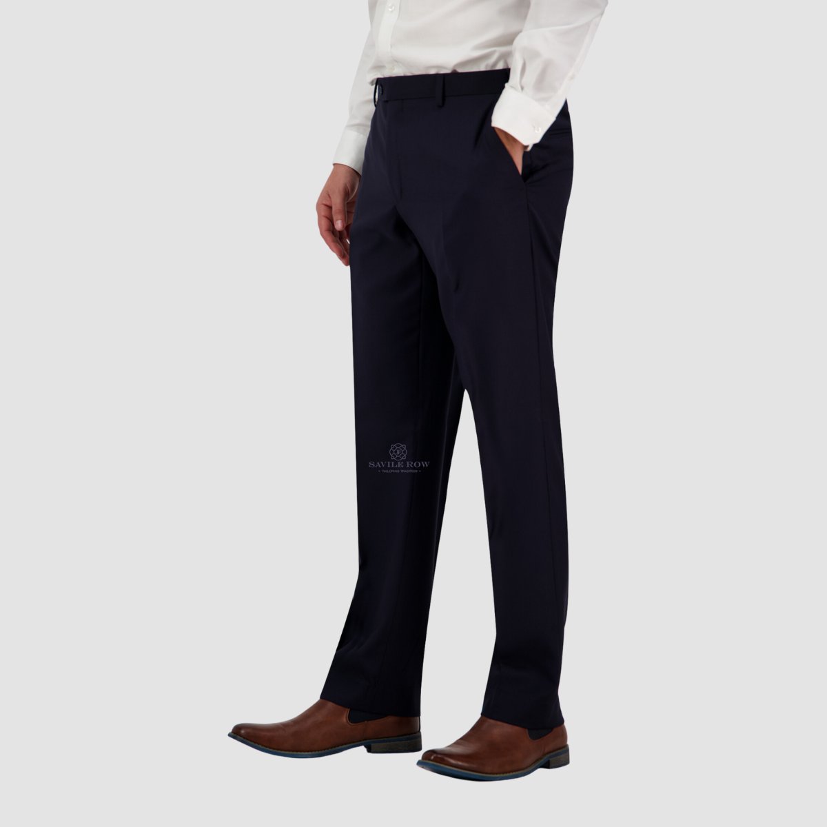 mens suit trouser in a dark navy blue with a white shirt and brown leather shoes