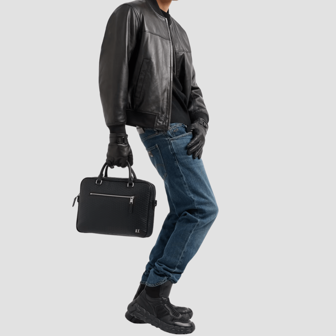 Armani Briefcase With All-Over Embossed Logo in Black