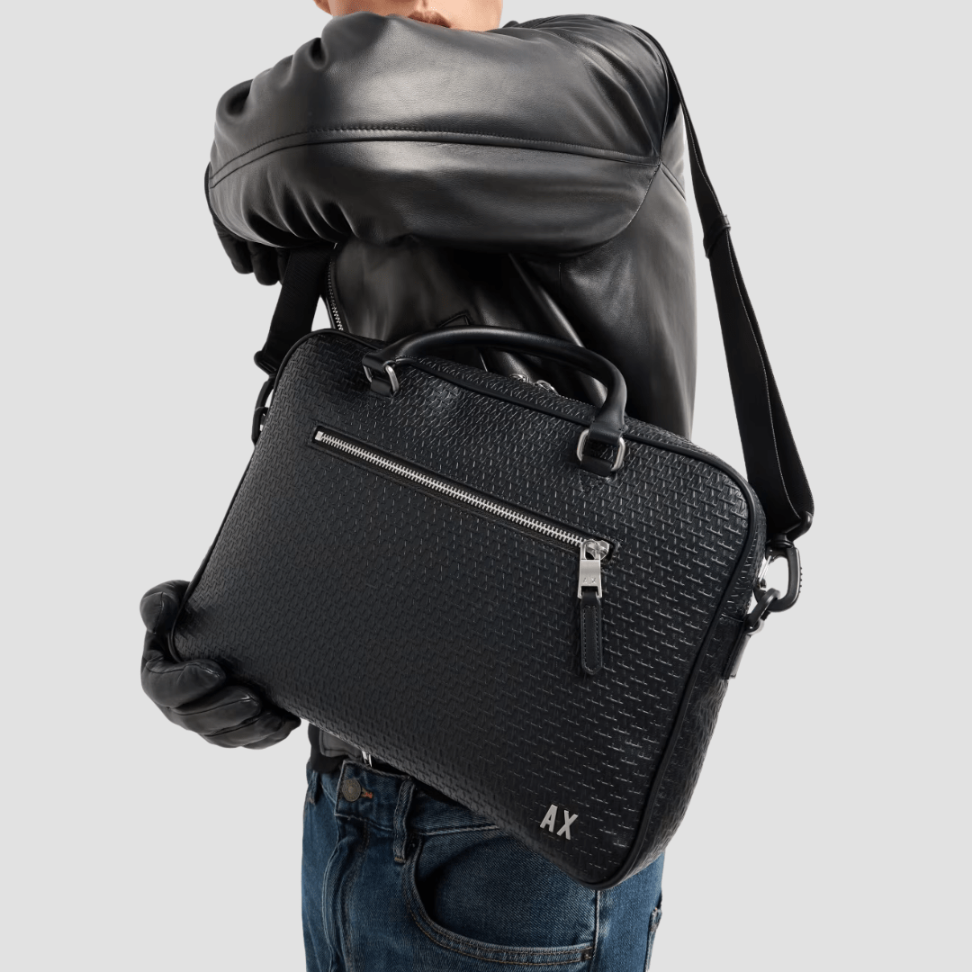 Armani Briefcase With All-Over Embossed Logo in Black