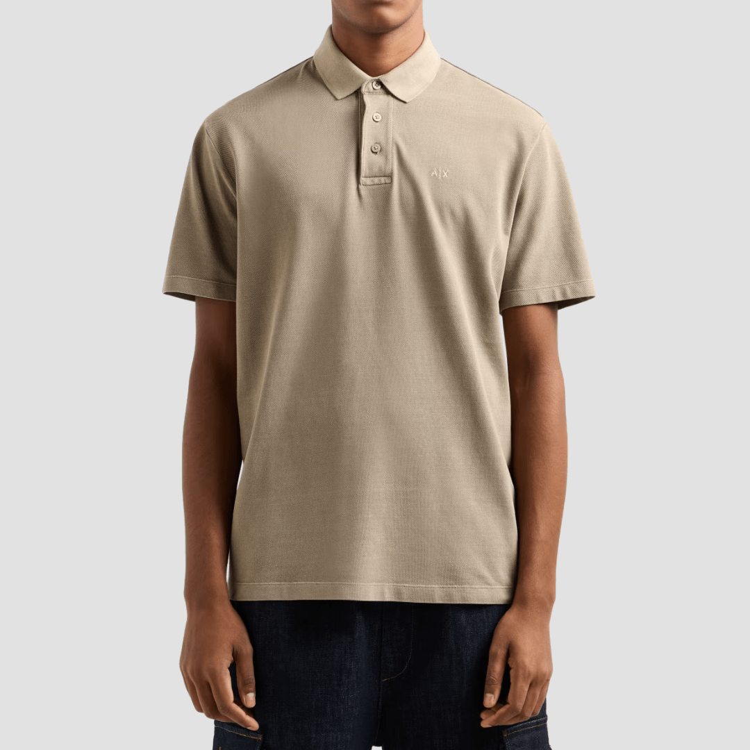Armani Classic Fit Used Effect Cotton Piquet Polo in Roasted Cashew