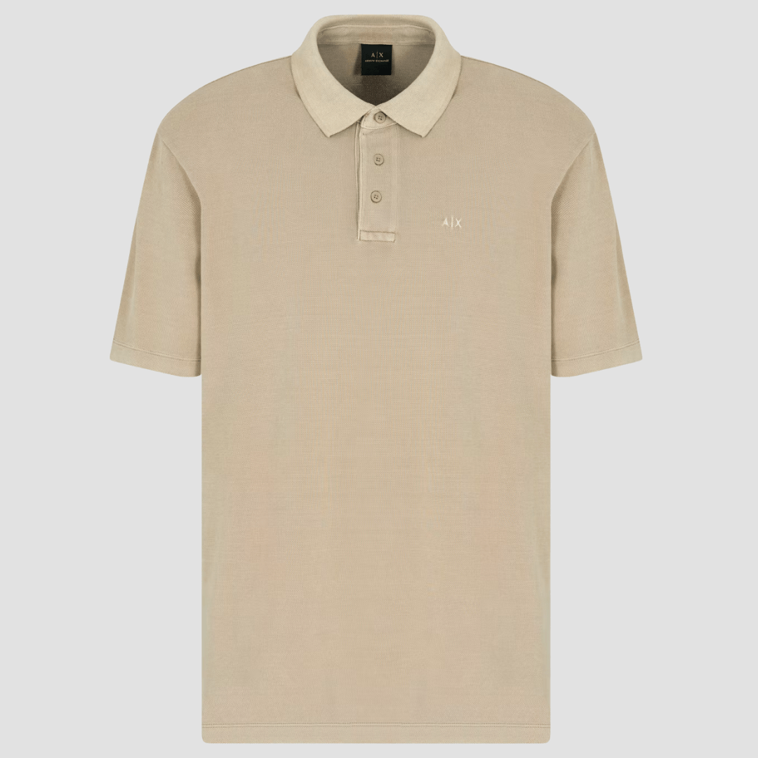 Armani Classic Fit Used Effect Cotton Piquet Polo in Roasted Cashew