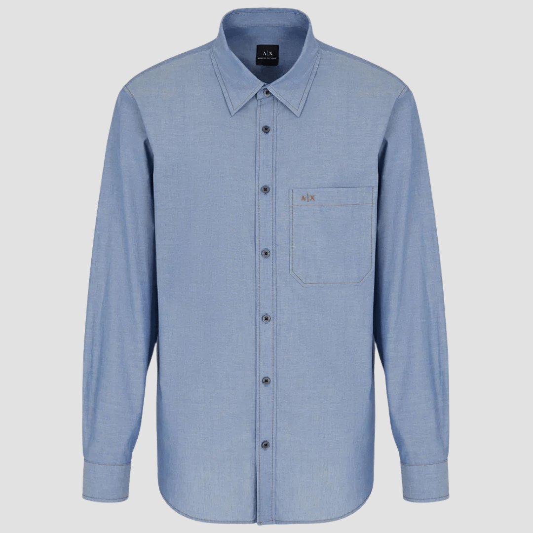 Armani Mens Chambray Blue Shirt with Pocket Logo Detail