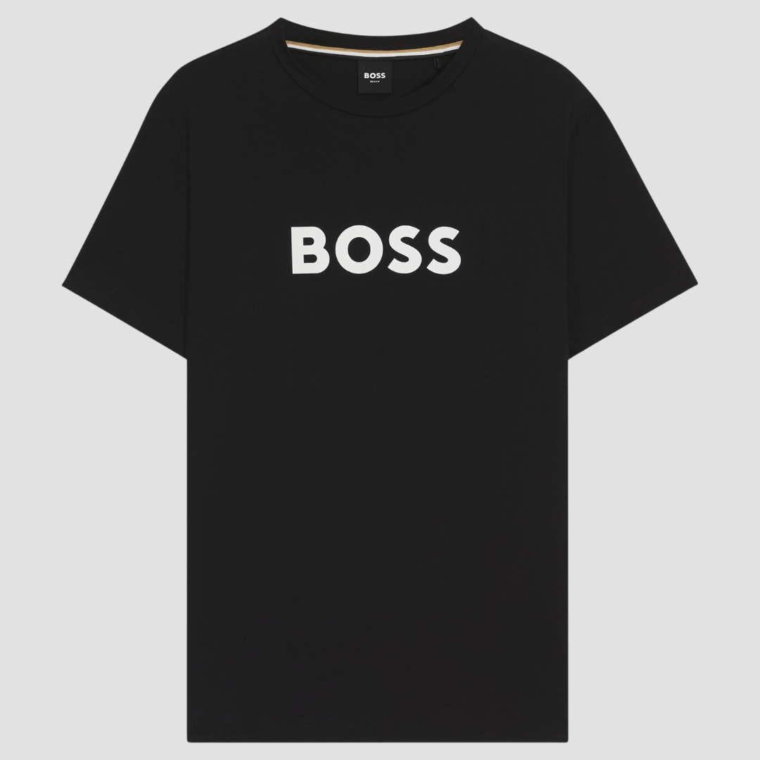 Boss Logo Print Beach T-Shirt in Black Cotton Jersey