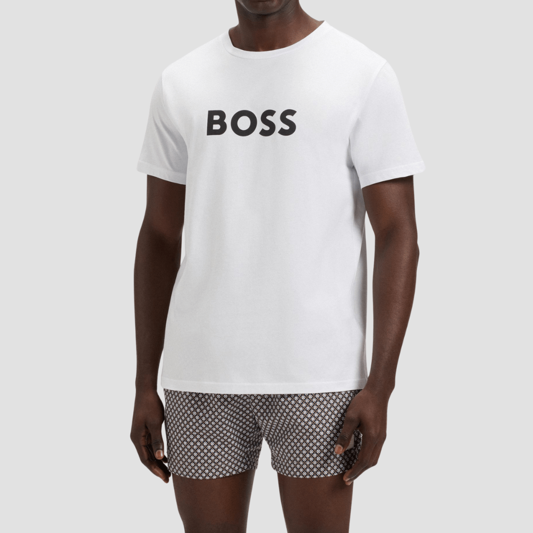 Boss Logo Print Beach T-Shirt in White Cotton Jersey