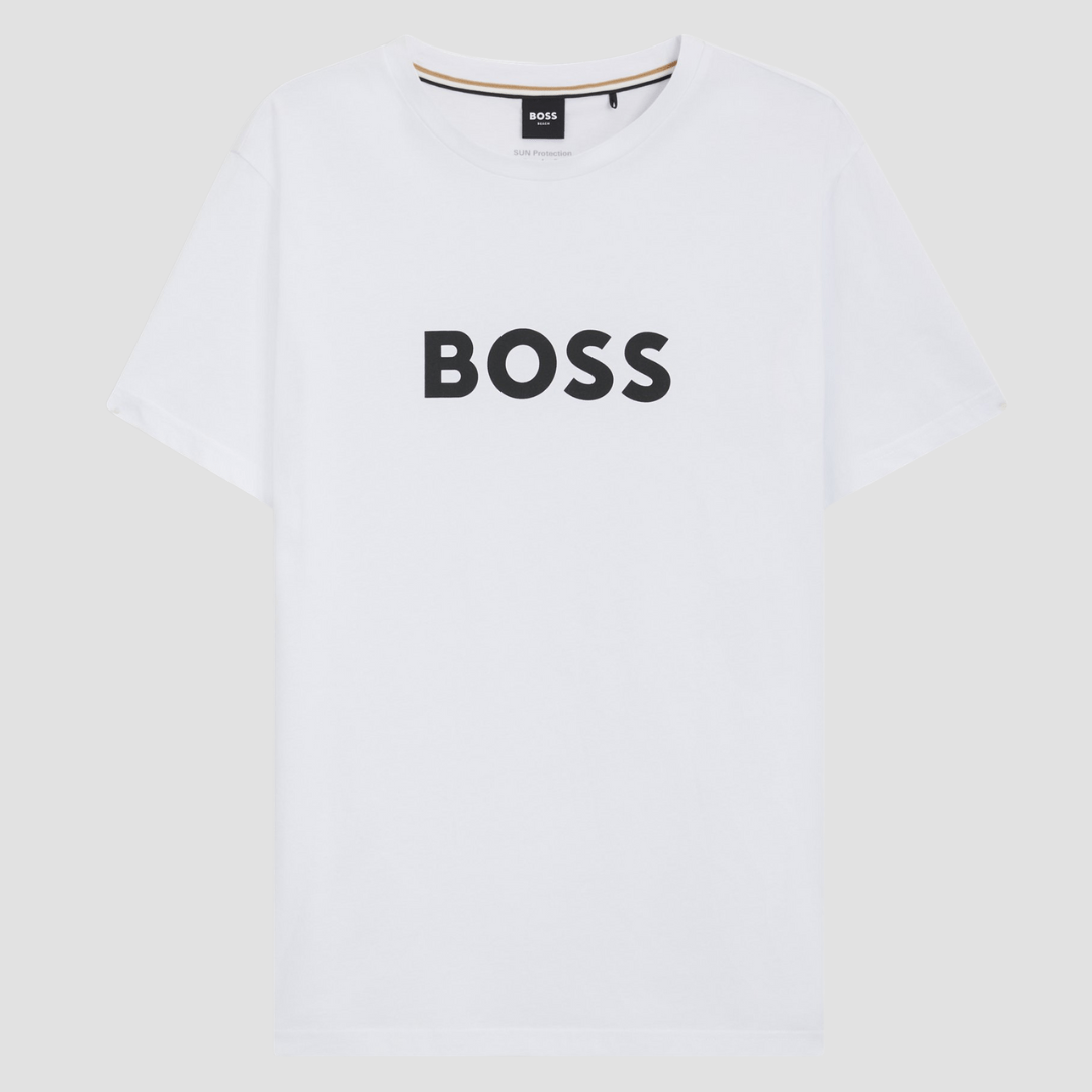Boss Logo Print Beach T-Shirt in White Cotton Jersey