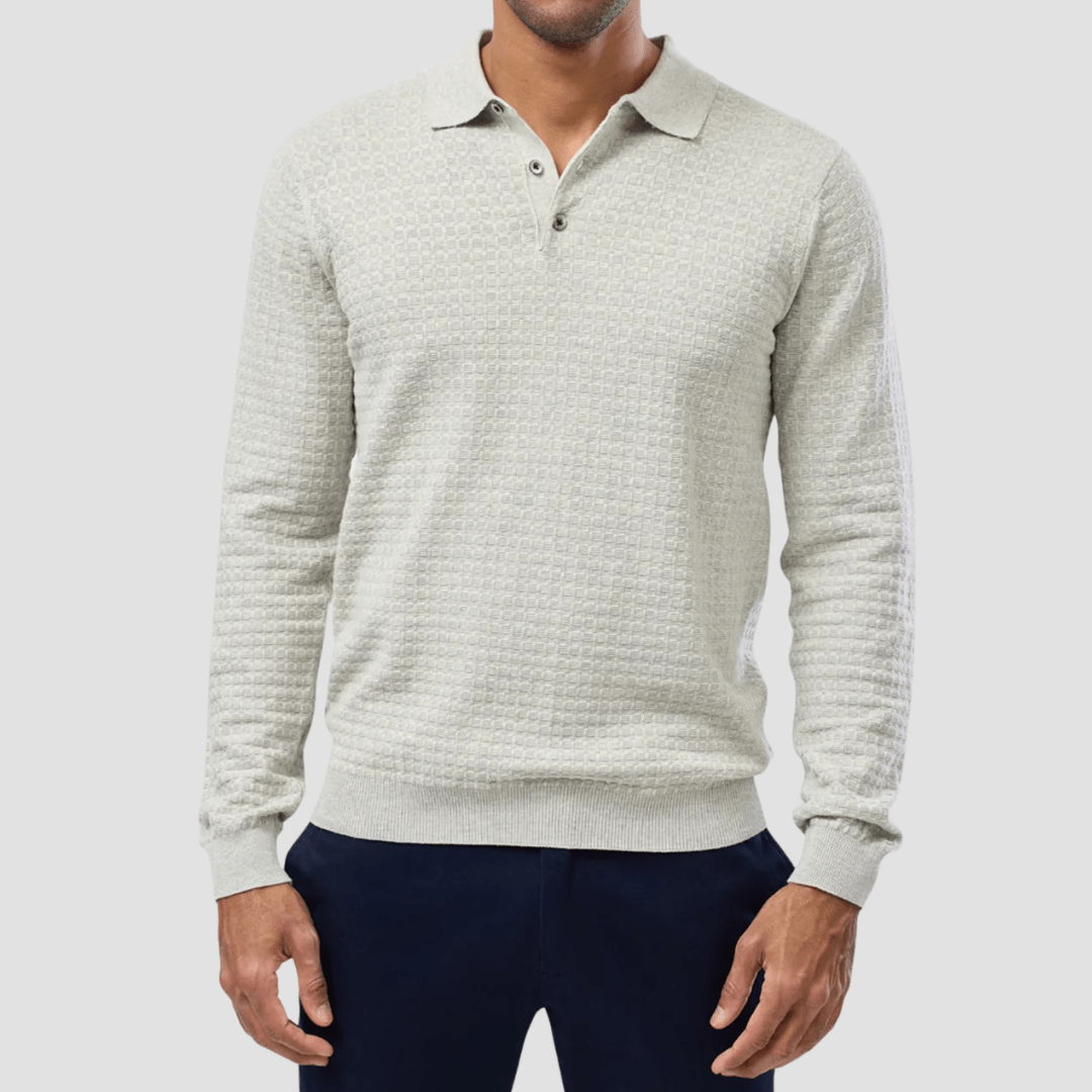Brooksfield Mens Long Sleeve Knit Polo in Light Grey Pure Cotton