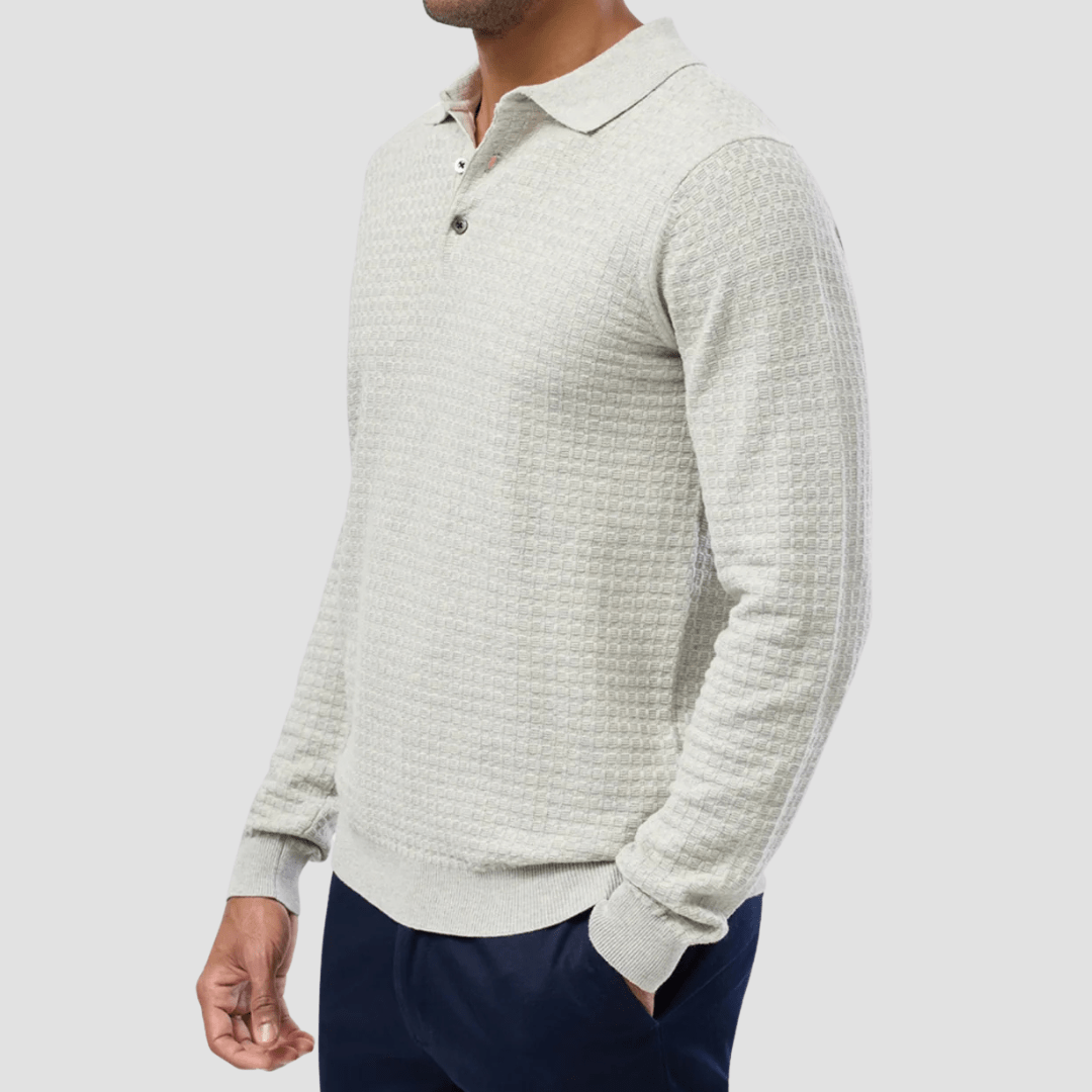 Brooksfield Mens Long Sleeve Knit Polo in Light Grey Pure Cotton