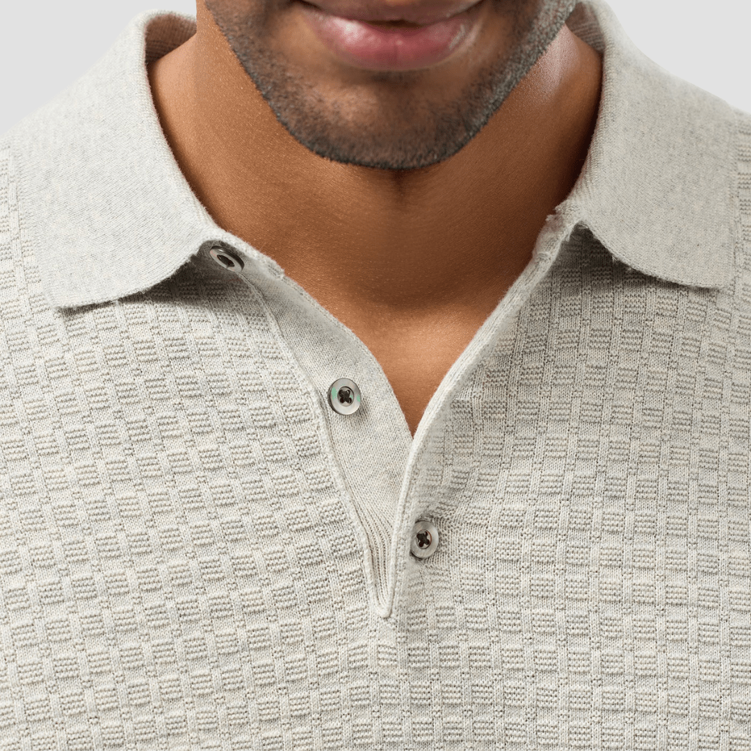 Brooksfield Mens Long Sleeve Knit Polo in Light Grey Pure Cotton