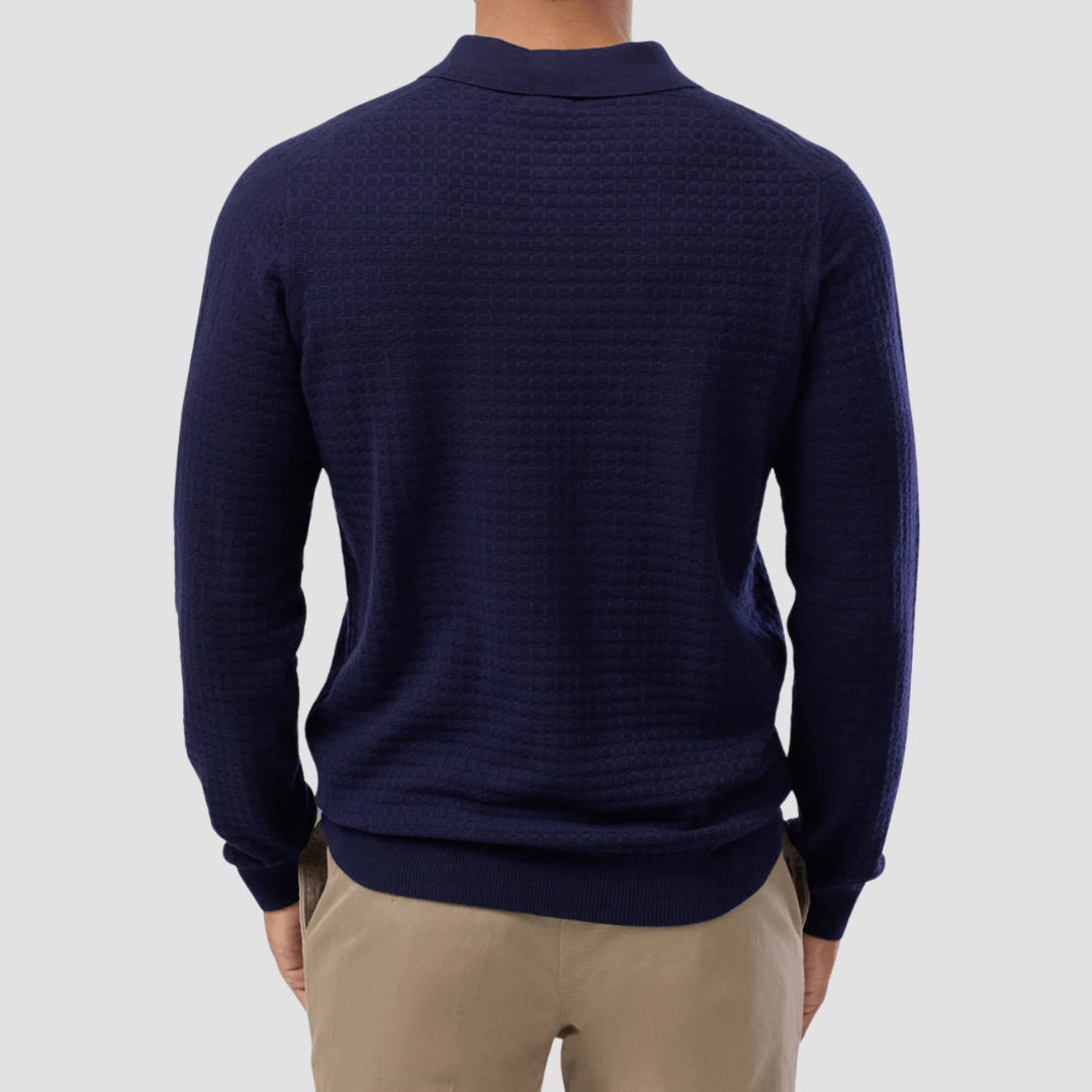 Brooksfield Mens Long Sleeve Knit Polo in Navy Pure Cotton