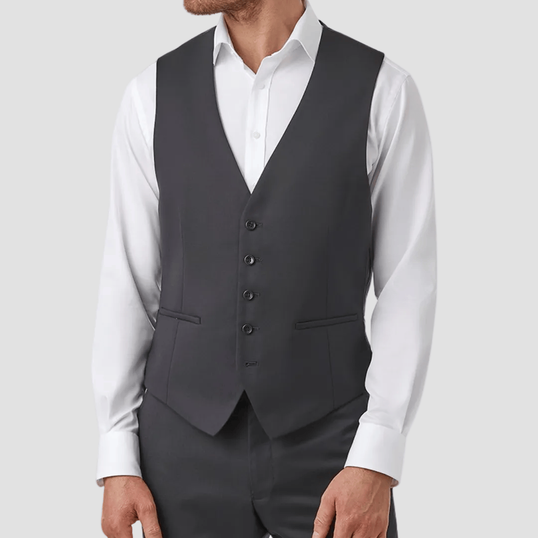 Gray suit vest over a white shirt