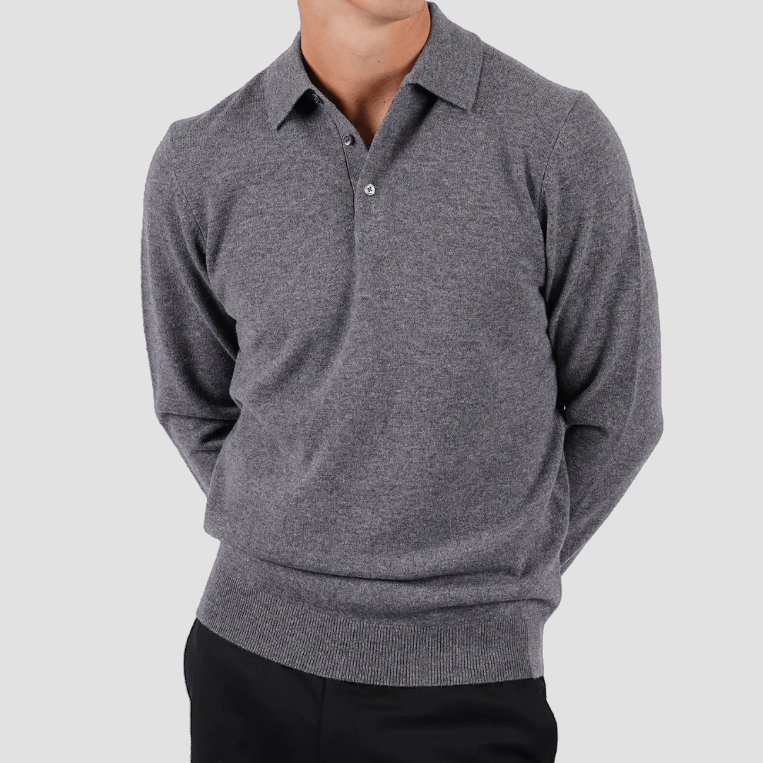 Gray long-sleeve polo shirt on a transparent background