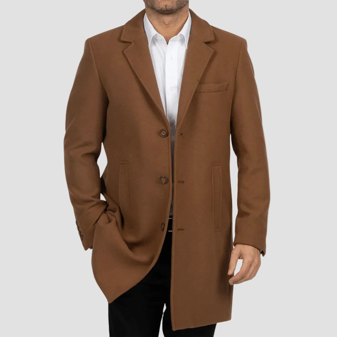 Brown coat worn by a person on a white background