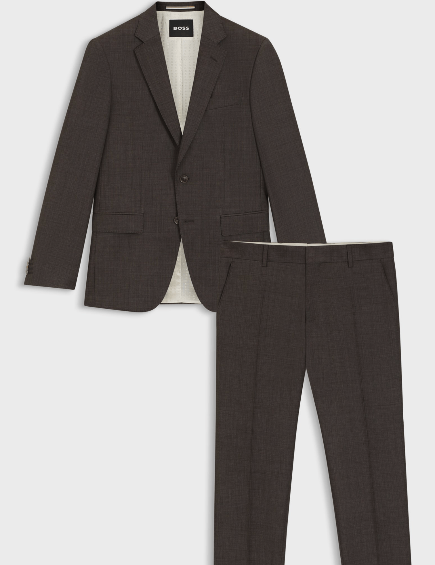 Gray suit jacket and pants on a light gray background