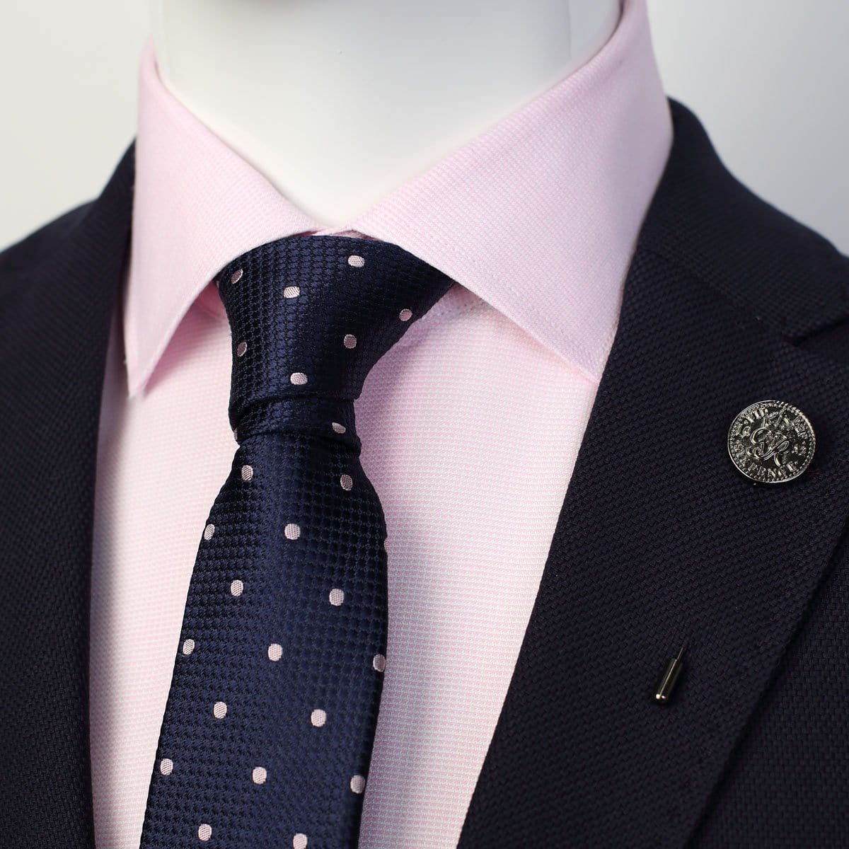 James Adelin Mens Silk Neck Tie in Navy and Pink Polka Dot Square Weave