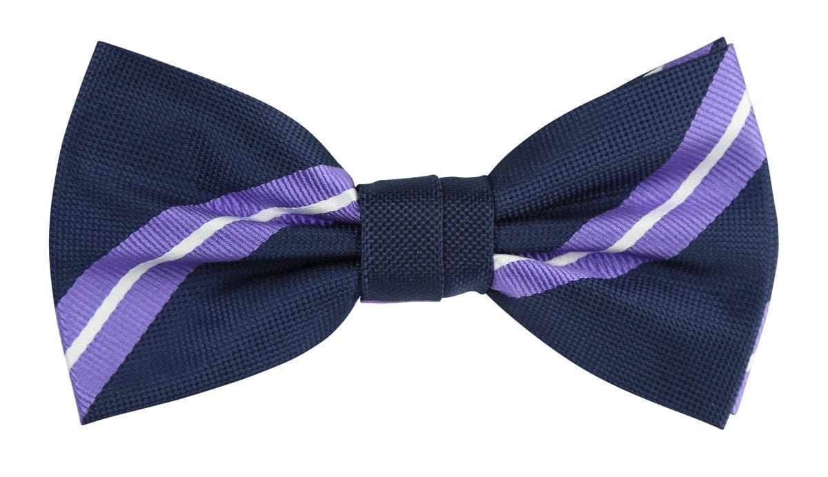 a navy woven bow tie with a purple and white stripe