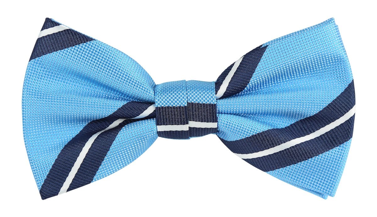a turquoise blue bow tie with a navy and white stripe