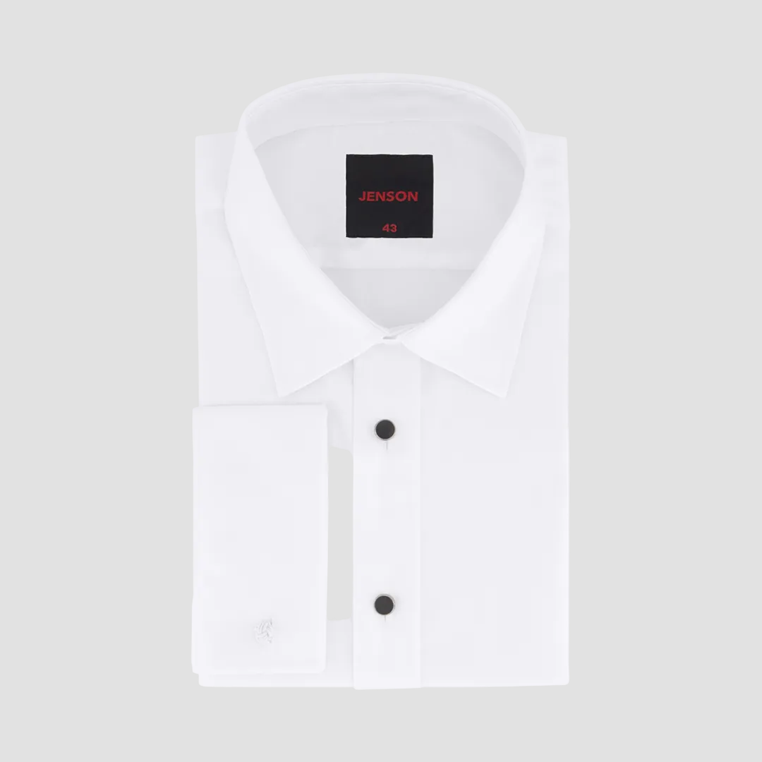 A white Jenson men's tapered fit formal shirt with a classic collar and French cuffs, featuring contrast black buttons.