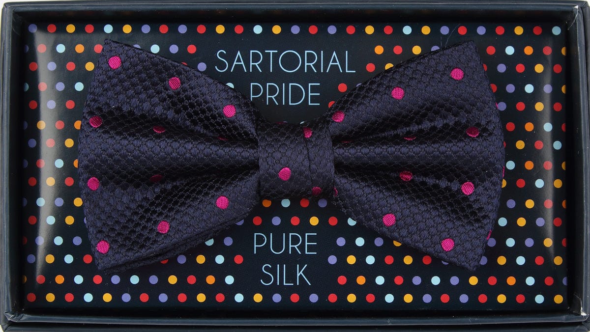 James Adelin Luxury Pure Silk Polka Dot Bow Tie in Navy/Magenta Square Weave