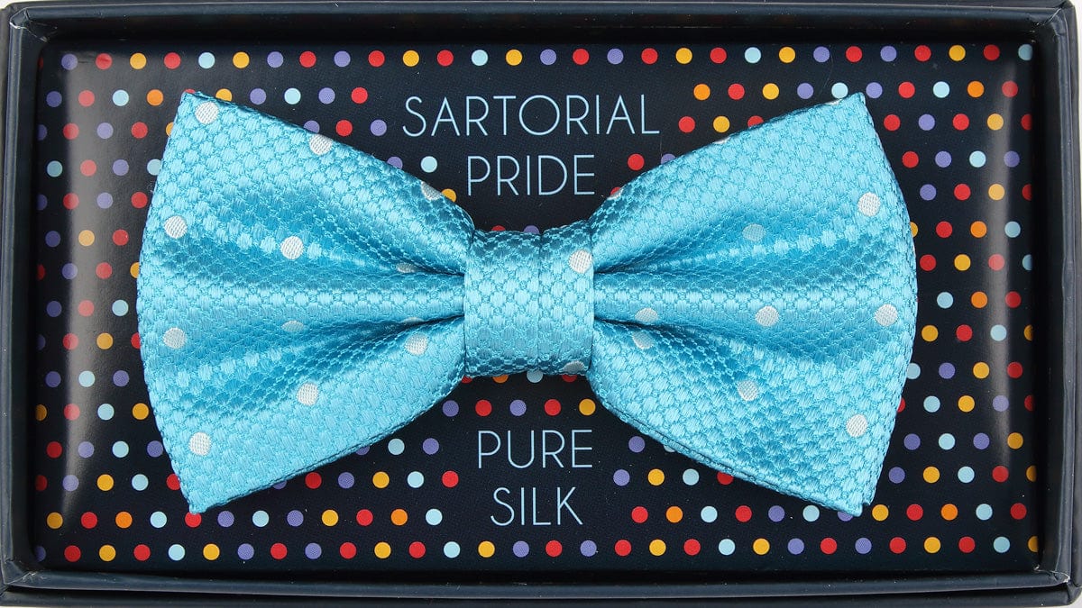 James Adelin Luxury Pure Silk Polka Dot Square Weave Bow Tie in Turquoise/White
