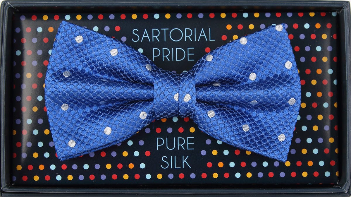 James Adelin Luxury Pure Silk Polka Dot Square Weave Bow Tie in Royal/White