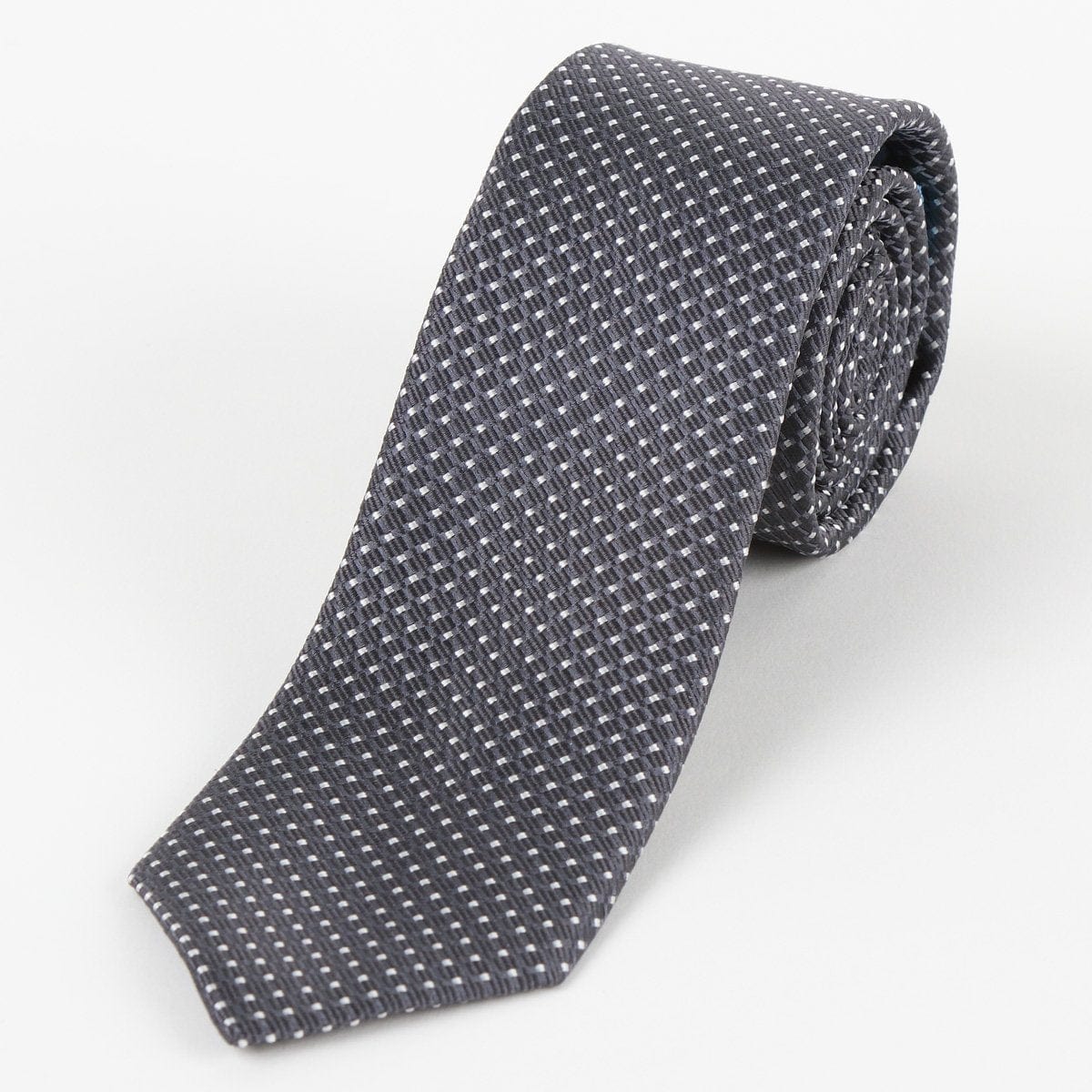 James Adelin Mens Silk Neck Tie in Charcoal and White Mini Spotted Textured Weave