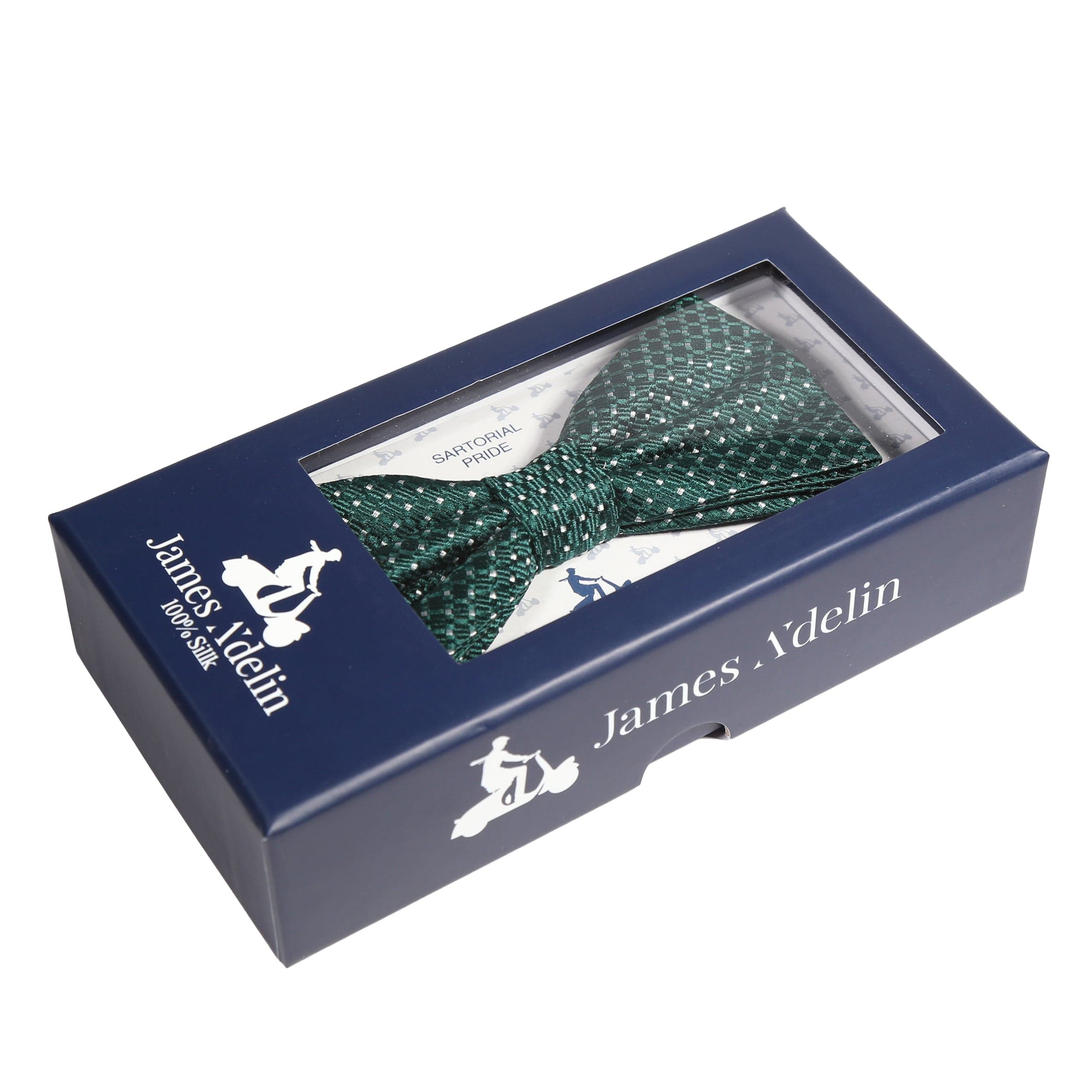 James Adelin Luxury Pure Silk Spotted Bow Tie in Dark Green/White Textured Weave