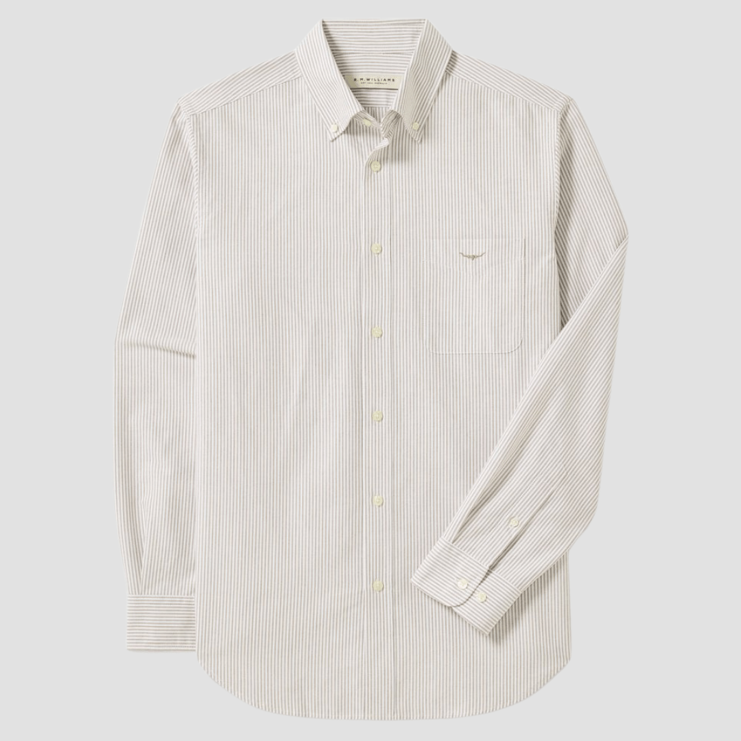 R.M. Williams Mens Oxford Stripe Shirt in Brown Pure Organic Cotton - In Store Only