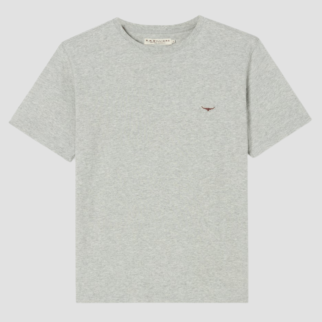 R.M. Williams Mens Parson T-Shirt in Grey Marle Pure Cotton - In Store Only