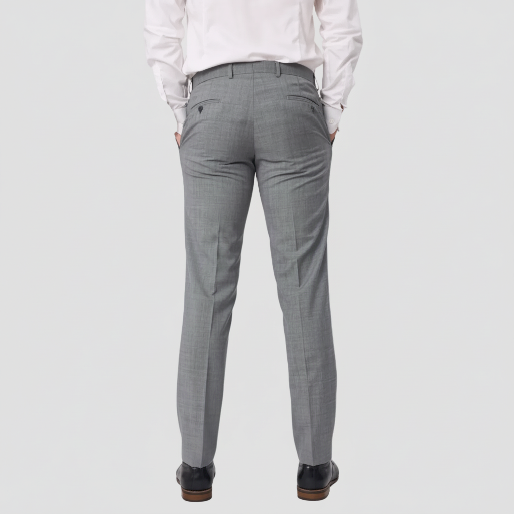 Textured dress pants in chrome grey by Savile Row with a white shirt and black leather shoes.