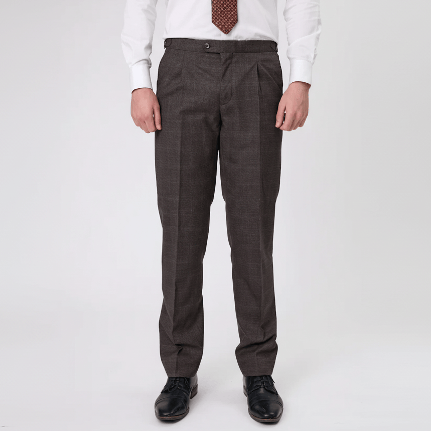 Brown Australian Merino Wool suit pants by Savile Row with black leather shoes.