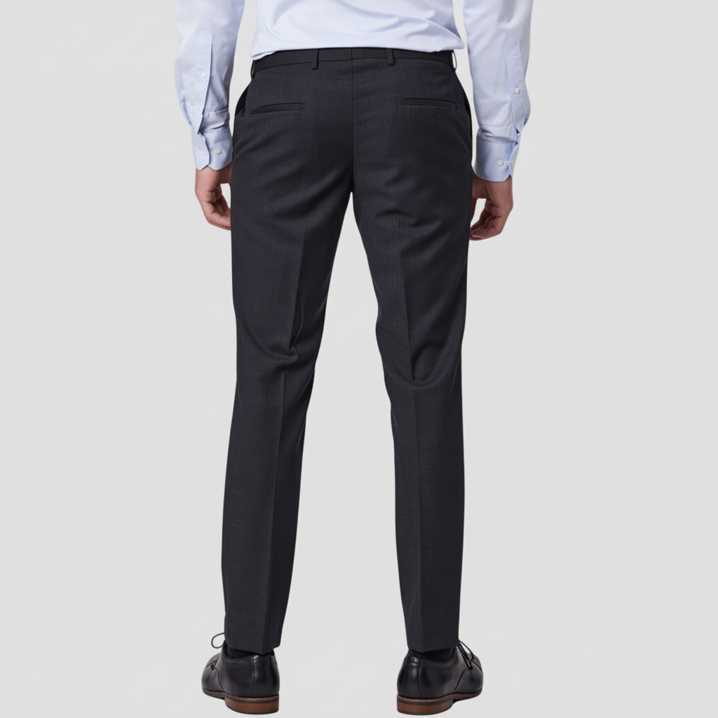 Patterned wool blend charcoal suit pants by Savile Row with black leather shoes.