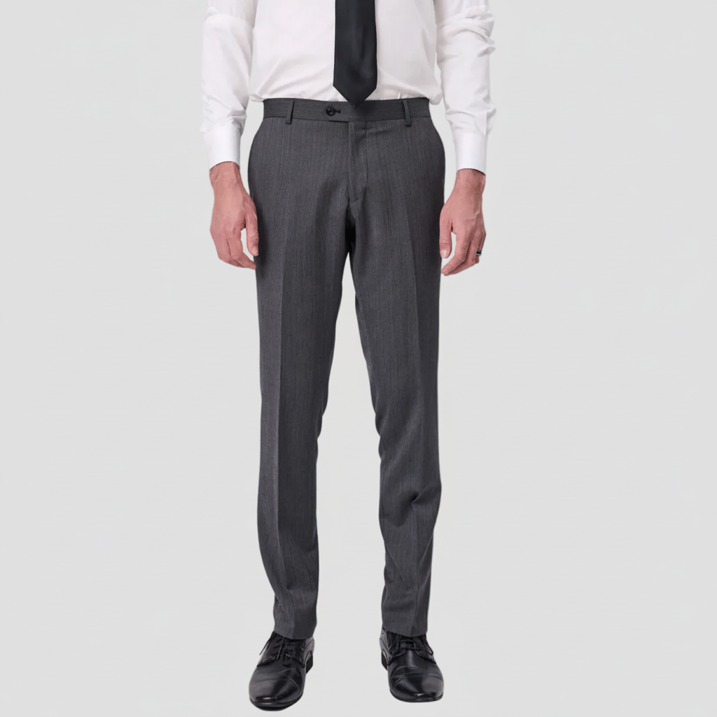 Gray dress pants in 100% Tasmanian Wool by Savile Row, with white shirt, black tie and black leather shoes.