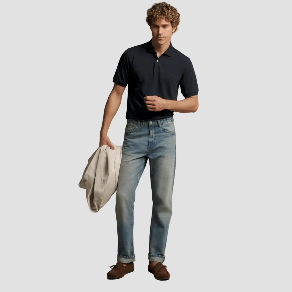R.M. Williams Mens Birchgrove Slim Polo in Navy Pure Cotton - In Store Only