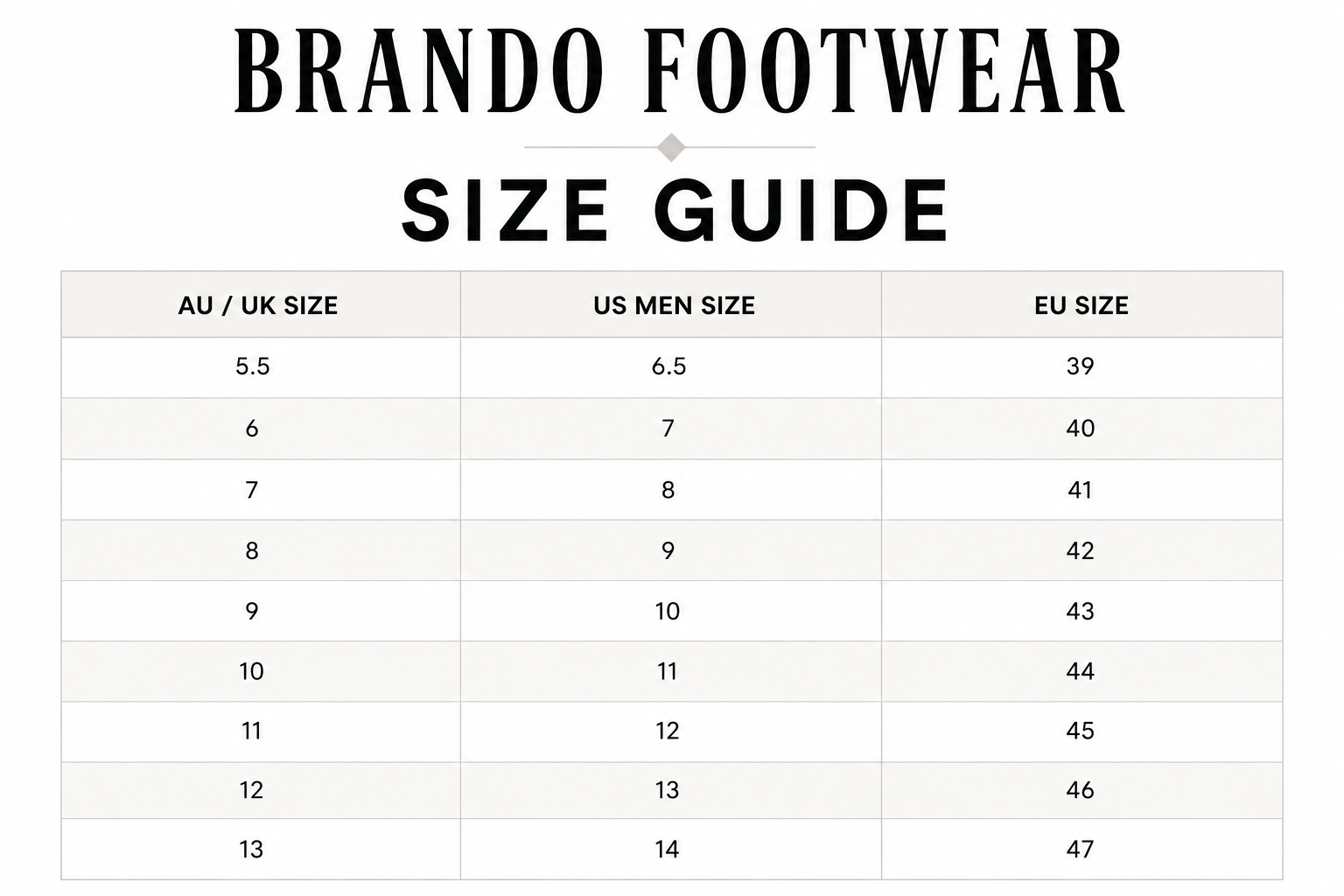 Brando Men's Footwear size guide table with Australian/UK, US, and European sizes.