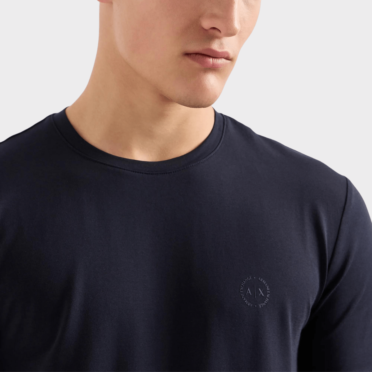 Closer look at the crew neck shirt in navy blue