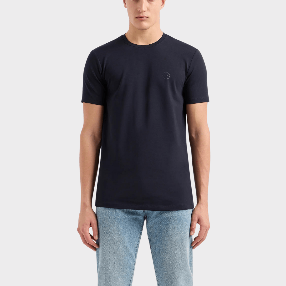 Front view of the Armani slim fit stretch crew t-shirt in navy blue