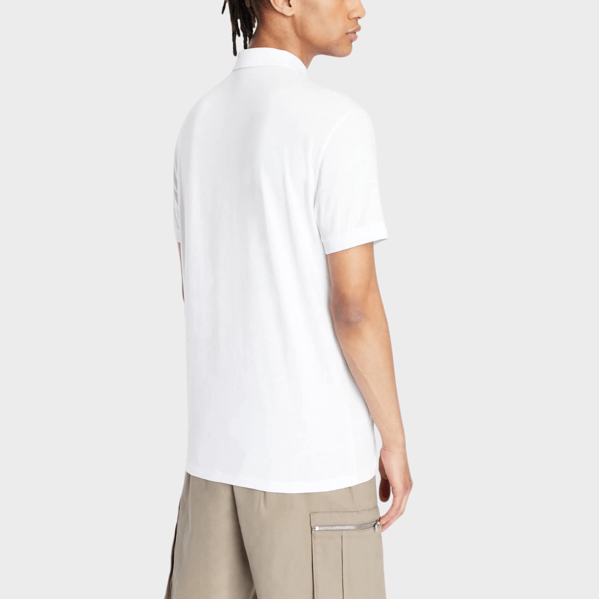 Back view of men's white polo shirt designed by Armani