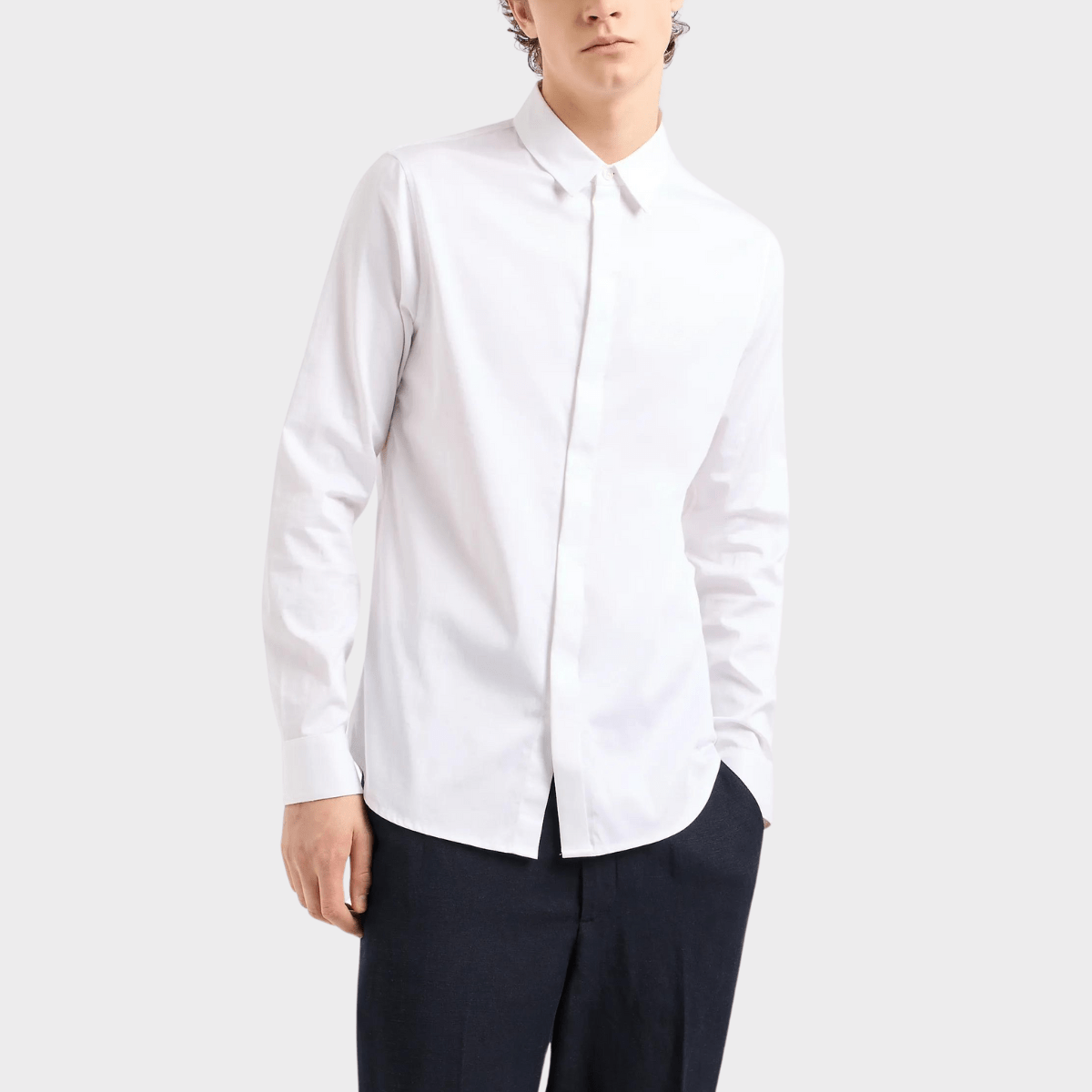 Front view of the Armani slim fit stretch cotton shirt in white