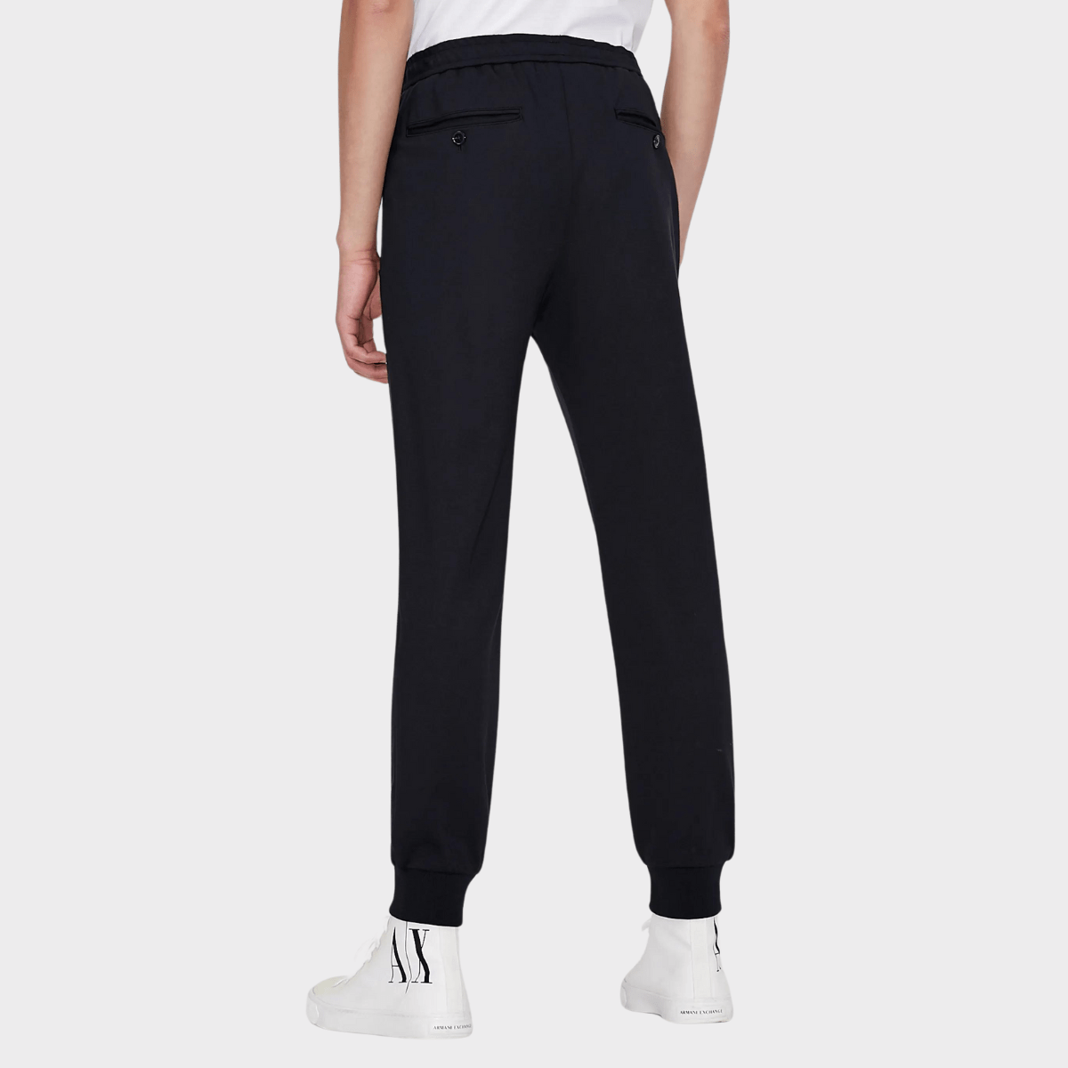 Back view of the mens stretch suit jogger in navy by Armani.