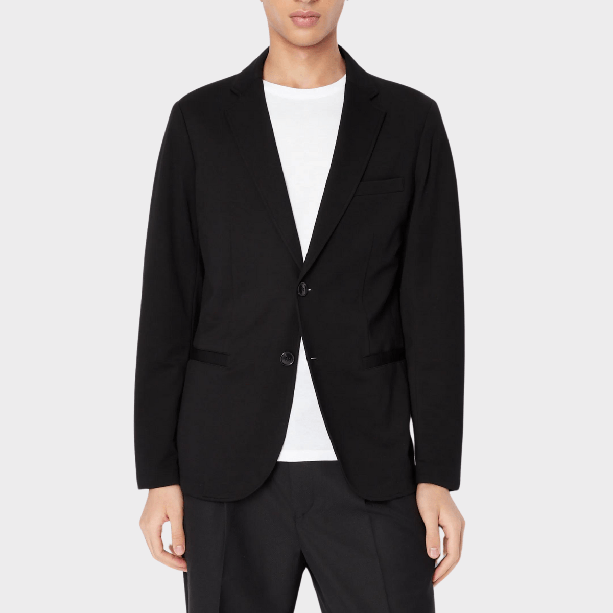 Front view of the Armani stretch viscose sports jacket in black