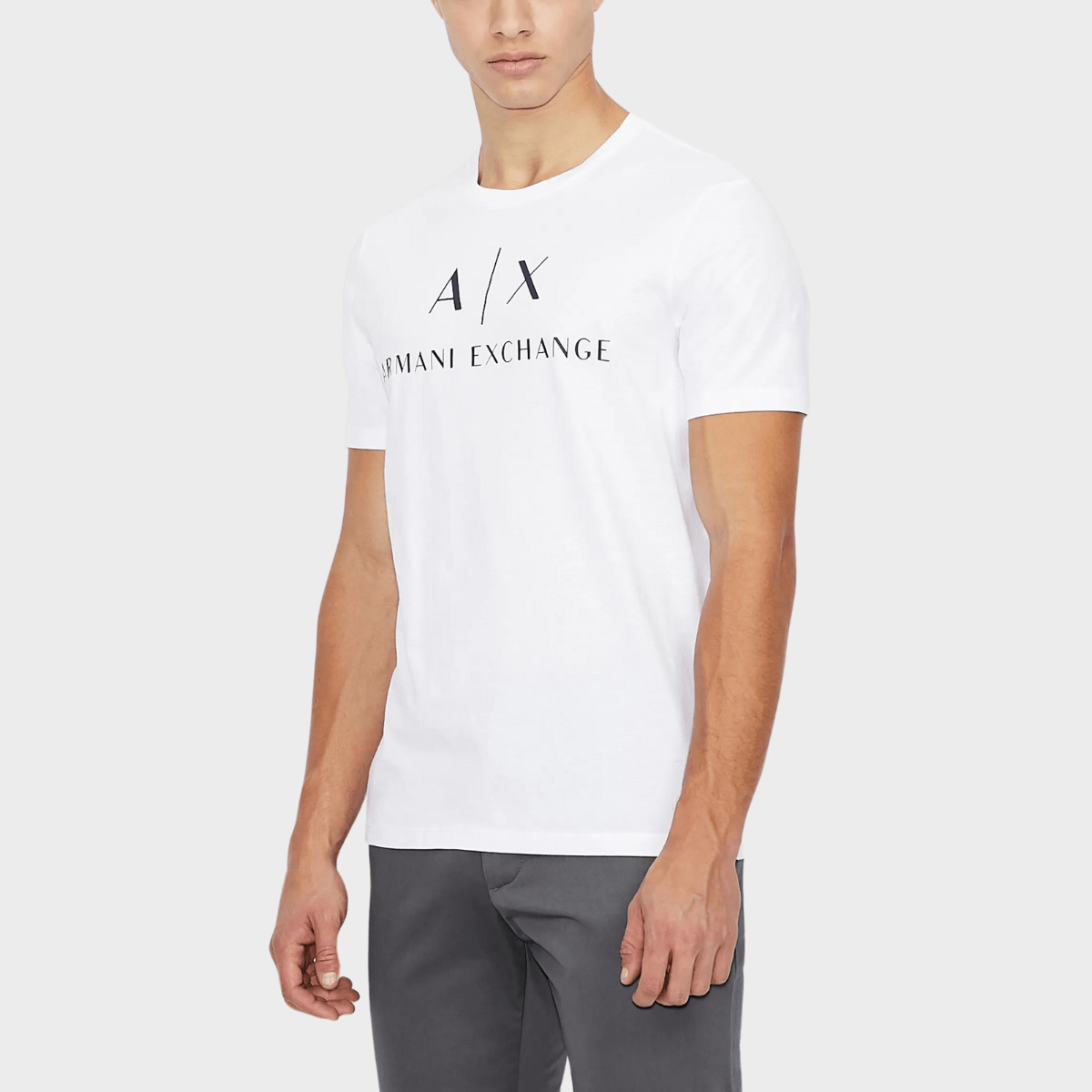 Front view of the Armani slim fit chest logo t-shirt in white cotton.