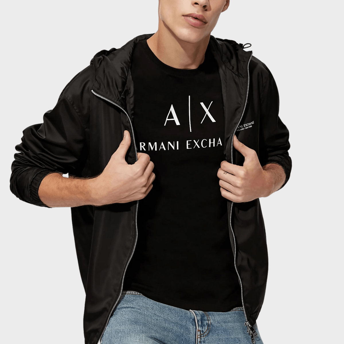 A closer look at the logo of the slim fitted men's logo shirt by Armani in black