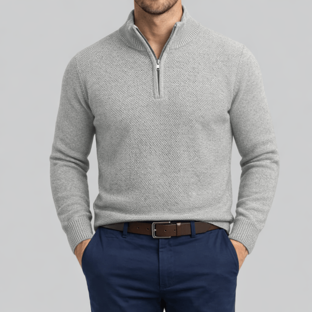 Boston Barco grey quarter‑zip jumper crafted in premium cotton with ribbed neck, hem and cuffs.