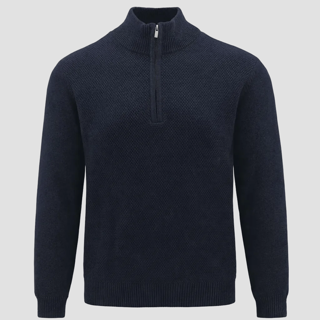Boston Barco navy quarter‑zip jumper crafted in premium cotton with ribbed neck, hem and cuffs.