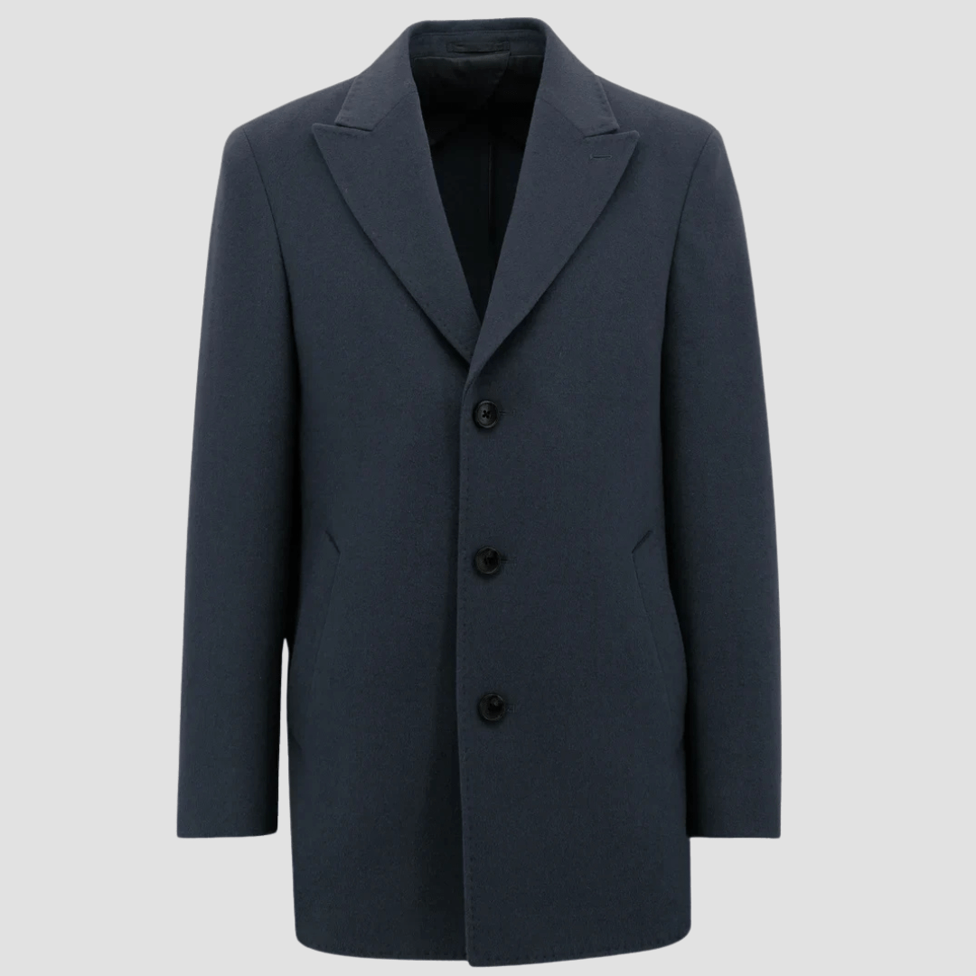 Boston Lincoln navy overcoat with a tailored silhouette, peak lapels and wool‑blend warmth.