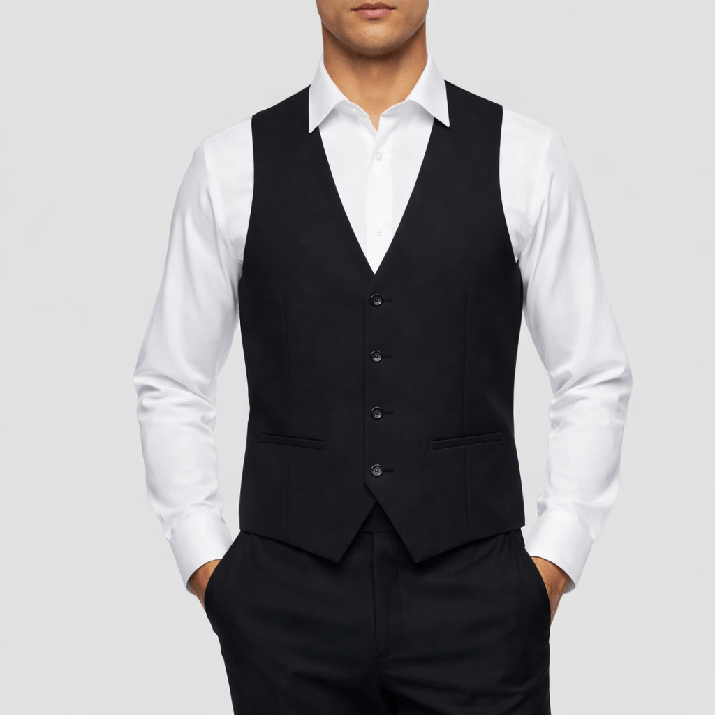 Boston’s black Dorset vest in slim fit with V‑neck and satin lining.