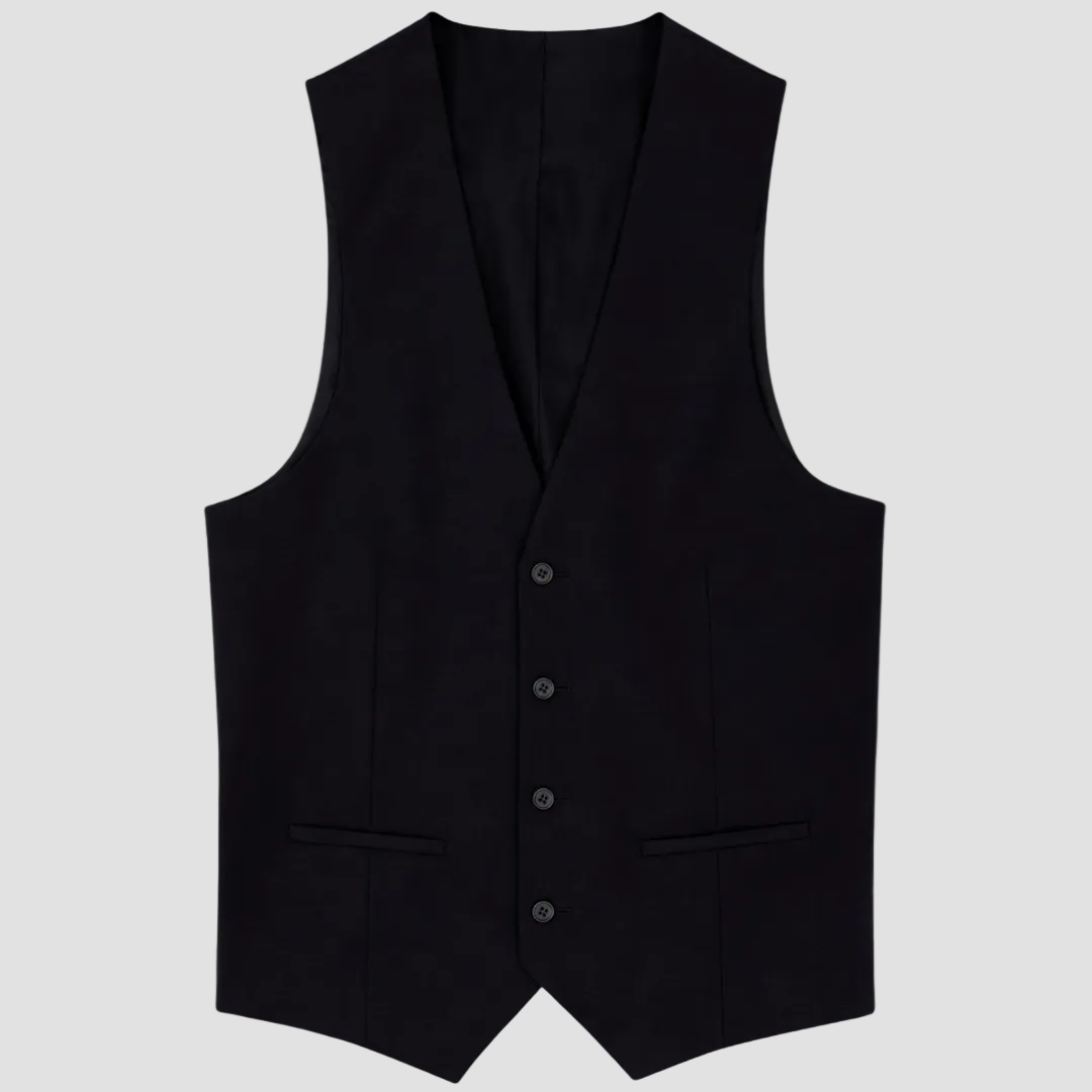 Boston’s black Dorset vest in slim fit with V‑neck and satin lining.