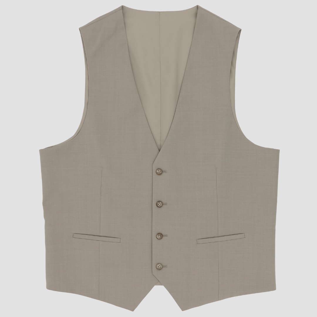 Boston’s mushroom Dorset vest in slim fit with V‑neck and satin lining.