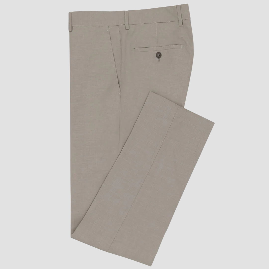 Boston’s Edward mushroom trousers in a slim leg with breathable merino wool and clean tailoring.
